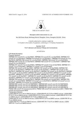 3-A certificate - Sanitary pressure transmitter - LEEG Instruments