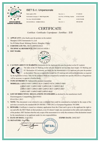 CE Certificate -LMP633 submersible level transmitter