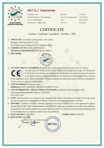 CE Certificate -PS131 Electronic pressure switch