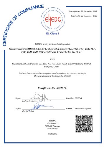 EHEDG Certificate -LEEG sanitary pressure transmitter