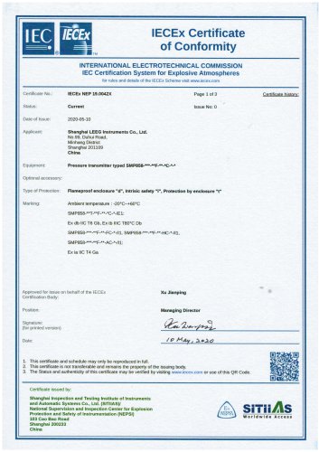 IECEx certificate for SMP858 Pressure Transmitter-LEEG Instruments
