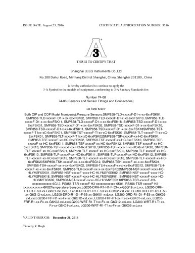 LEEG instruments 3-A certificate of sanitary pressure transmitter