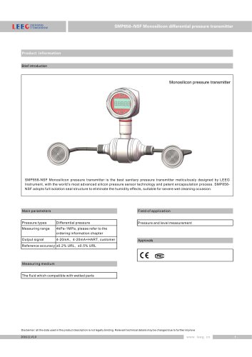 NEW SMP858-NSF sanitary differential pressure transmitter with diaphragm sealed datasheet