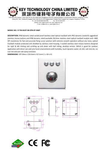 Industrial 38mm Optical Trackball K-TEK-B107-38-OTB-DT-DWP data Sheet