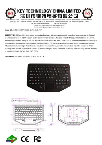 IP54 Keyboard K-TEK-V275TP-FN-SC-BL-NV-EMC-FDT datasheet