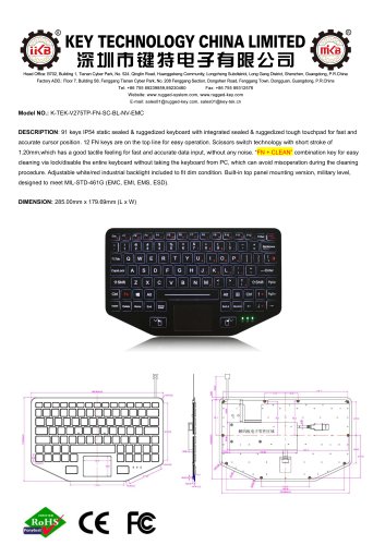 Keyboard K-TEK-V275TP-FN-SC-BL-NV-EMC datasheet