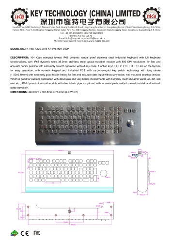 Kiosk Metal Keyboard K-TEK-A420-OTB-KP-FN-MDT-DWP data sheet