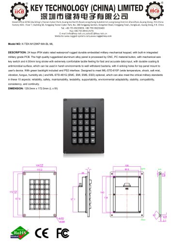 Mechanical keypad K-TEK-M129KP-MA-BL-ML datasheet
