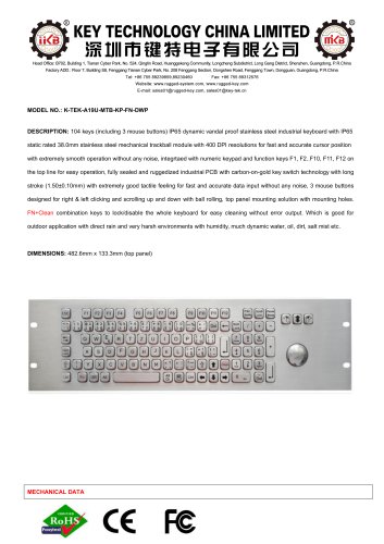 Panel mount metal keyboard K-TEK-A19U-MTB-KP-FN-DWP