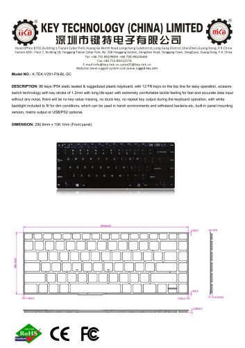 Plastic keyboard K-TEK-V291-FN-BL-SC datasheet