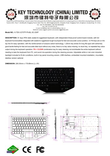 Rugged keyboard K-TEK-V275TP-FN-BL-SC-DWP datasheet