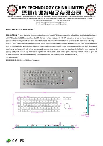 Stainless steel trackball keyboard K-TEK-A361-MTB-DWP data sheet