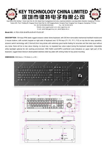 Trackball keyboard K-TEK-V530-38-MTB-AVR-KP-FN-SC-BT