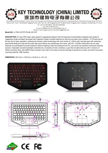 Vehicle-mounted keyboard K-TEK-V275TP-FN-SC-BL-FDT datasheet