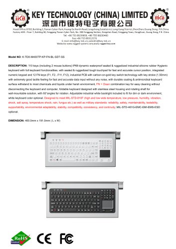 Wall-mount medical keyboard K-TEK-M400TP-KP-FN-BL-SDT-SS