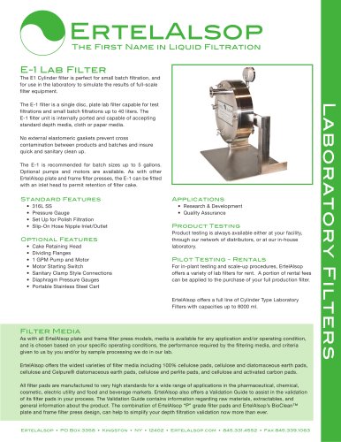 E-1 Lab Filter Tech Sheet