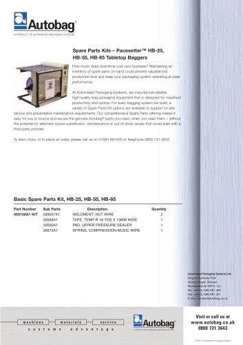 Spare Parts Kits ? Pacesetter? HB-25, HB-55, HB-65 Tabletop Baggers