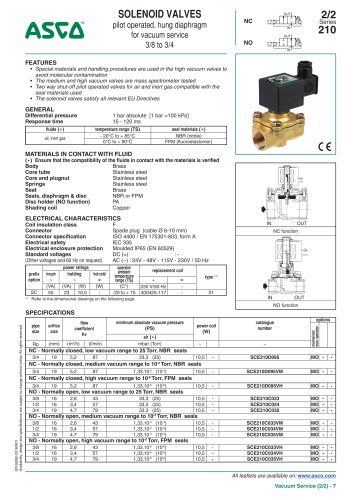 SOLENOID VALVES pilot operated, hung diaphragm for vacuum service 3/8 to 3/4