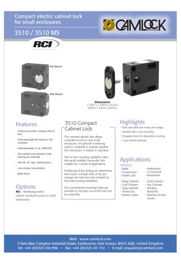 Compact electric cabinet lock for small enclosures 3510 / 3510 MS