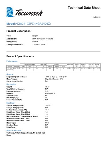 technical data sheet  Model: HGA2419ZFZ (HGA2426Z)