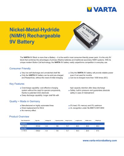 Nickel-Metal-Hydride (NiMH) Rechargeable 9V Battery