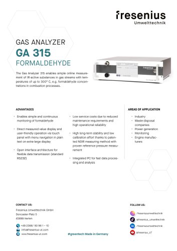 Gas Analyzer GA315 Formaldehyde Data Sheet