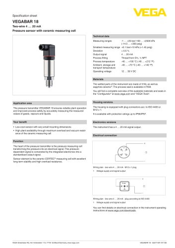 Specification sheet VEGABAR 18