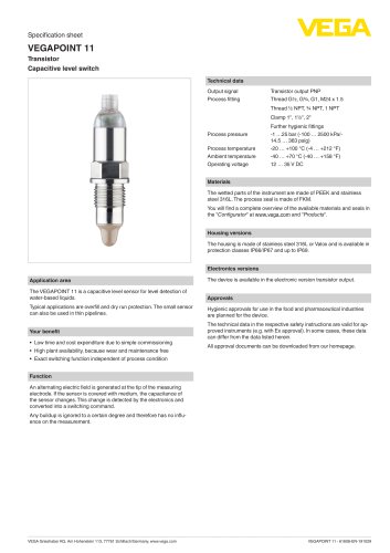 Specification sheet VEGAPOINT 11