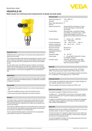 Specification sheet VEGAPULS 6X